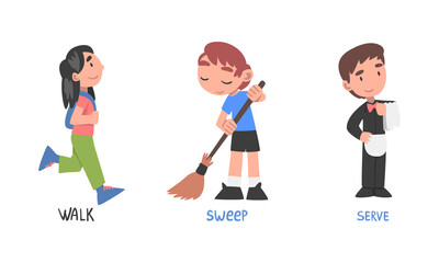 Kids engaged in different activities set. Walk, sleep and serve action verbs for children education cartoon cartoon vector illustration