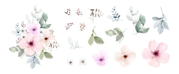 Set of floral bouquet and leaves watercolor elements