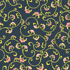Golden curls of filigree. Watercolor filigree with pink flowers. Seamless pattern on blue background.