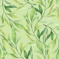Watercolor spring greens. Fresh leaves on branches. Seamless pattern on a delicate yellow-green background.