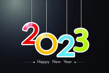 Happy New Year 2023. Hanging colorful 3D numbers with black background.