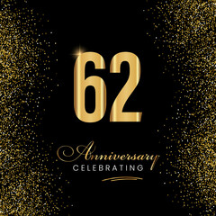 62 Year Anniversary Celebration Vector Template Design. 62 years golden anniversary sign. Gold glitter celebration. Light bright symbol for event, invitation, party, award, ceremony, greeting