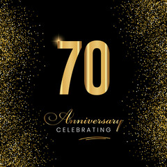 70 Year Anniversary Celebration Vector Template Design. 70 years golden anniversary sign. Gold glitter celebration. Light bright symbol for event, invitation, party, award, ceremony, greeting