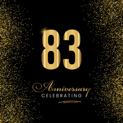 83 Year Anniversary Celebration Vector Template Design. 83 years golden anniversary sign. Gold glitter celebration. Light bright symbol for event, invitation, party, award, ceremony, greeting
