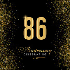 86 Year Anniversary Celebration Vector Template Design. 86 years golden anniversary sign. Gold glitter celebration. Light bright symbol for event, invitation, party, award, ceremony, greeting