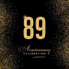 89 Year Anniversary Celebration Vector Template Design. 89 years golden anniversary sign. Gold glitter celebration. Light bright symbol for event, invitation, party, award, ceremony, greeting