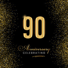 90 Year Anniversary Celebration Vector Template Design. 90 years golden anniversary sign. Gold glitter celebration. Light bright symbol for event, invitation, party, award, ceremony, greeting