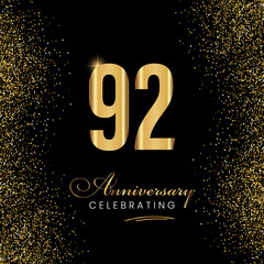 92 Year Anniversary Celebration Vector Template Design. 92 years golden anniversary sign. Gold glitter celebration. Light bright symbol for event, invitation, party, award, ceremony, greeting