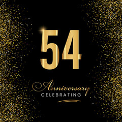 54 Year Anniversary Celebration Vector Template Design. 54 years golden anniversary sign. Gold glitter celebration. Light bright symbol for event, invitation, party, award, ceremony, greeting