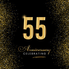 55 Year Anniversary Celebration Vector Template Design. 55 years golden anniversary sign. Gold glitter celebration. Light bright symbol for event, invitation, party, award, ceremony, greeting