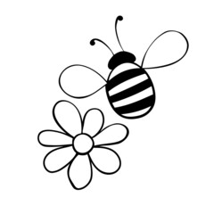 Vector black outline of fat little bee flying over flower. Simple doodles. Cute cartoon honey insect. Clipart, nature themed design element, spring, summer, isolated
