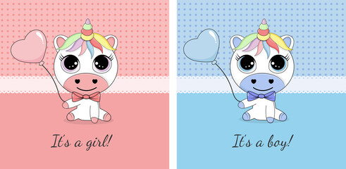 Greeting card with cute boy and girl unicorn.