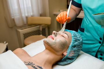 Obraz na płótnie Canvas Beautiful woman having a facial cosmetic scrub treatment from professional dermatologist at wellness spa. Anti-aging, facial skin care and luxury lifestyle concept.