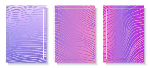 Abstract vector backgrounds with wavy pattern, in pink and purple gradient colors. Faded waves screen tone.