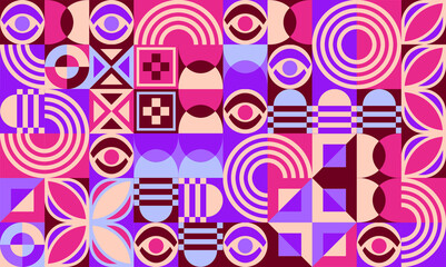 Bauhaus vector seamless pattern with eyes and geometric design elements.