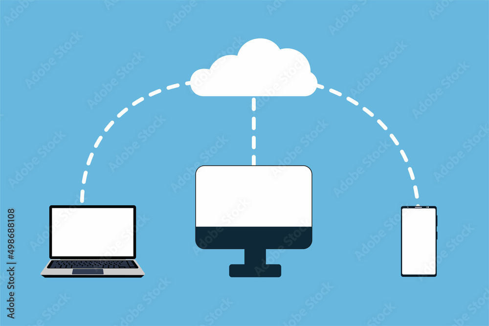 Poster online cloud storage concept vector. transferring data from a mobile, laptop, and computer to cloud 