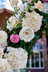floristic composition flowers close-up pink roses light dahlias hydrangeas