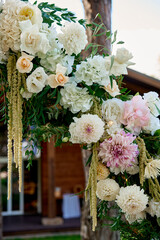 floristic composition flowers close-up pink roses light dahlias hydrangeas