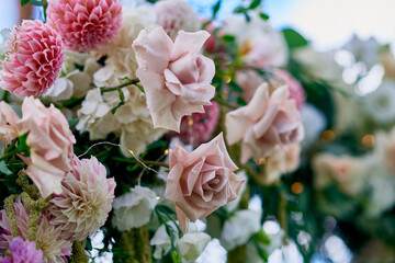 Obraz na płótnie Canvas floristic composition flowers close-up pink roses light dahlias hydrangeas