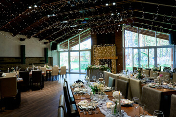 wooden eco restaurant decorated for the wedding