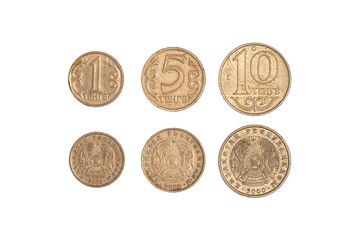 set of Kazakhstan coin 2000 year, 1 5 10 tenge. Isolated object on a black background. Close-up on both sides