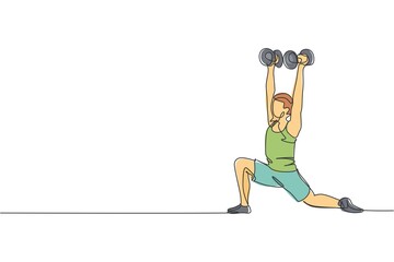 One single line drawing young energetic man working out doing low lunge with dumbbell in gym vector illustration. Fitness sport bodybuilding and healthy lifestyle concept. Modern continuous line draw