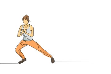 One continuous line drawing of young woman training doing side lunge in fitness training gym. Healthy sport lifestyle concept. Stretching work out. Dynamic single line draw design vector illustration - obrazy, fototapety, plakaty