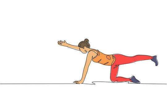 recommend clip art: One continuous line drawing of young sporty woman working out pilates push up in fitness gym club center. Healthy fitness sport concept. Dynamic single line draw graphic design vector illustration