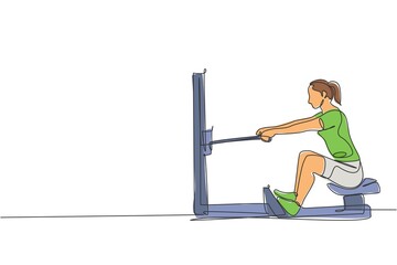 One single line drawing of young energetic woman exercise focus to pull adductor machine in gym fitness center vector illustration. Healthy lifestyle sport concept. Modern continuous line draw design