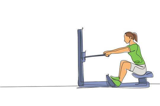 One single line drawing of young energetic woman exercise focus to pull adductor machine in gym fitness center vector illustration. Healthy lifestyle sport concept. Modern continuous line draw design