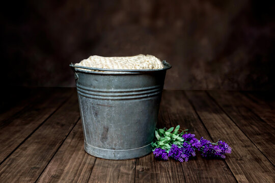 Newborn Baby Digital Background Rustic vintage bucket on a dark brown wood floor