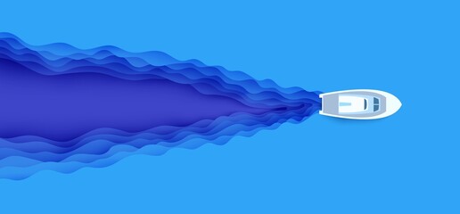 Top view river and yacht in paper cut style. 3d seaside background with pleasure boat on the lake in summertime in papercut art. Vector card illustration cut out deep wavy modern cover