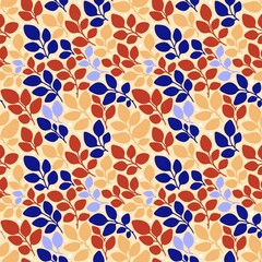 Modern seamless pattern with blue, purple, red and yellow leaves on the light pastel background 