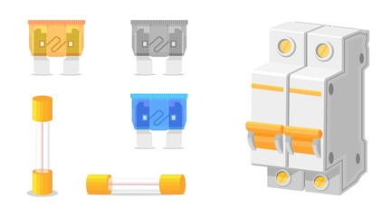 Types of fuses and components of electrical protection. Electrical switches.Isolated on a white background.