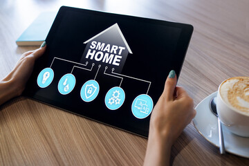 Smart home concept, control panel software on device screen.