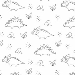 Childish seamless pattern with dinosaurs. Hand-drawn pattern with cute dino. Vector illustration. The pattern is suitable for fabrics, wrapping paper and prints. Doodle style.