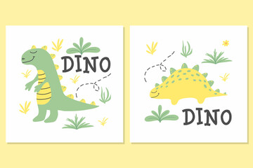 Children's poster with a cute dinosaur. Hand-drawn illustration with dino. The illustration is suitable for pints, nursery posters, postcards. Vector illustration.