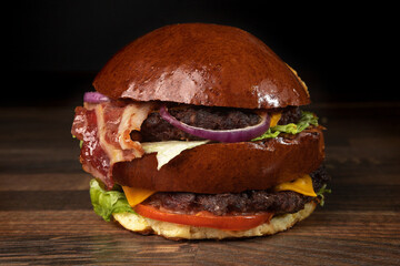 burger on dark background with french fries