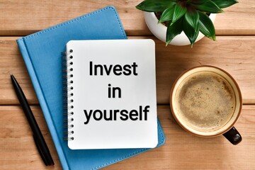 Notebook with the text Invest in yourself on a diary on wooden table with green plant, cup of coffee and pen.
