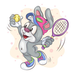 Cartoon Bunny Tennis Player. Naughty cartoon Bunny  with a tennis racket, plays tennis. Positive and unique design. Children's illustration.