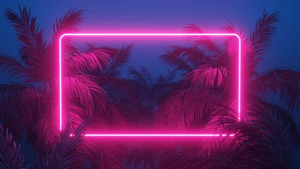 Fototapeten Retrowave Tropical Scene Palms and Glowing Frame 3d render © bawan