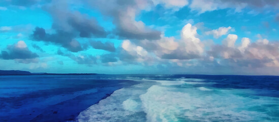 Clouds over the blue sea, panoramic view, artwork on the theme of nature