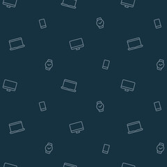 Seamless pattern with device - mobile, laptop, computer, smart watch. Dark background with contour icons. Simple minimalistic background. High quality photo