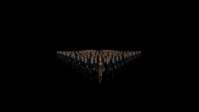 Businessmen with a businesswoman in front forming arrow shape pointing down, 4K, against black