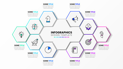 Infographic template with icons and 10 options or steps. Hexagon