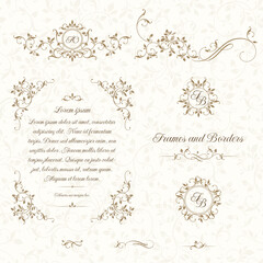 Classical  floral elements. Decorative vector monograms and borders, seamless pattern.