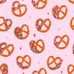Lovely pretzels with sprinkles, vector seamless pattern - 498693524