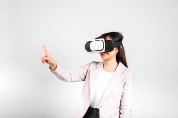 Smiling woman confidence wearing VR headset device touching air during virtual reality experience...