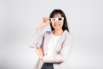 Smiling woman confidence wearing 3d cinema movie glasses red and blue isolated white background, Asian happy portrait beautiful young female in television film studio shot, copy space