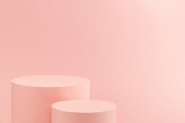 Fashion pastel pink stage with top of two round podiums mockup on soft light background, copy space. Trendy template showcase for presentation cosmetic product, goods, advertising, design.